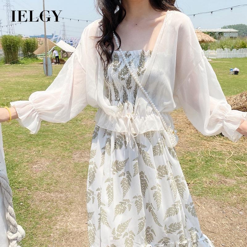 IELGY Bộ Áo chiffon + Đầm Hai Dây Dáng Ngắn Thời Trang Cho Nữ