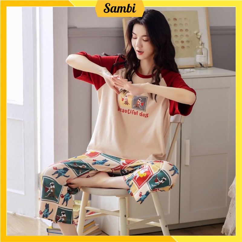 Set đồ nữ chất liệu cotton cao cấp áo ngắn tay quần lửng phong cách Hàn Quốc