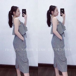 Đầm caro nơ eo