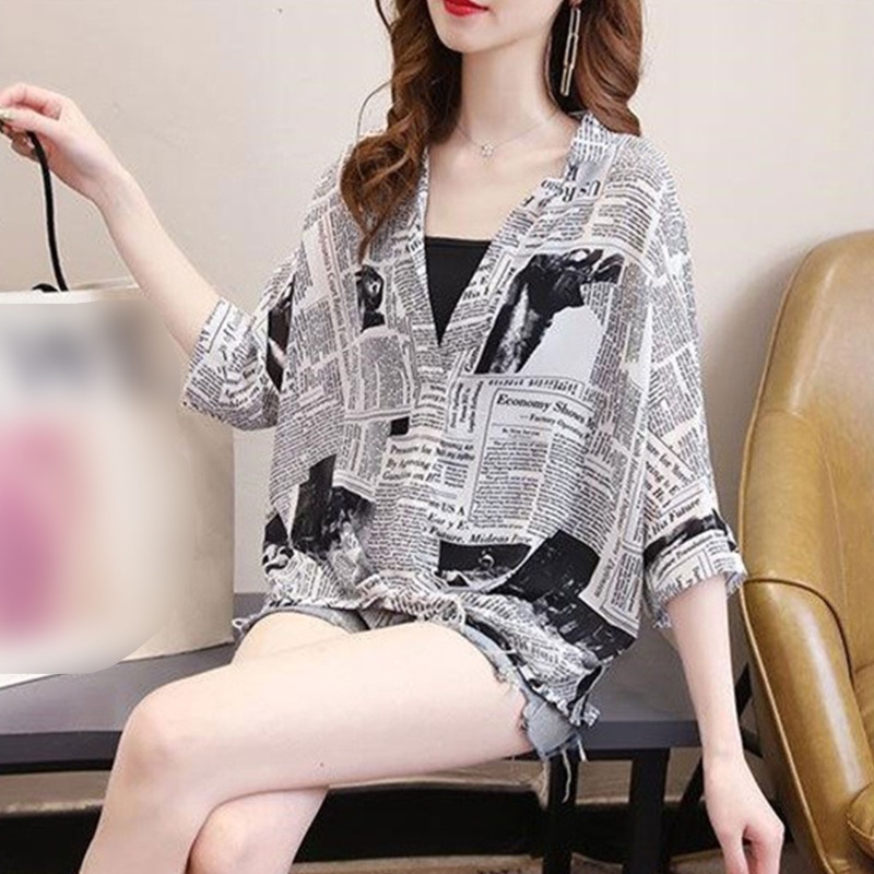 Áo Sơ Mi Voan Cánh Dơi Cổ Chữ V In Họa Tiết Gấu/ Báo Chí Dễ Thương Thời Trang Mùa Hè Cho Nữ