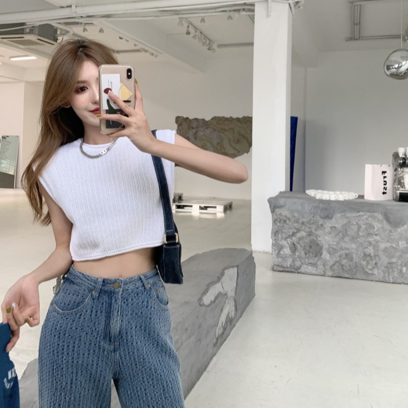 IELGY  Áo Dệt Kim Mỏng Sát Nách Dáng Rộng Ngắn Thời Trang Mùa Hè Cho Nữ