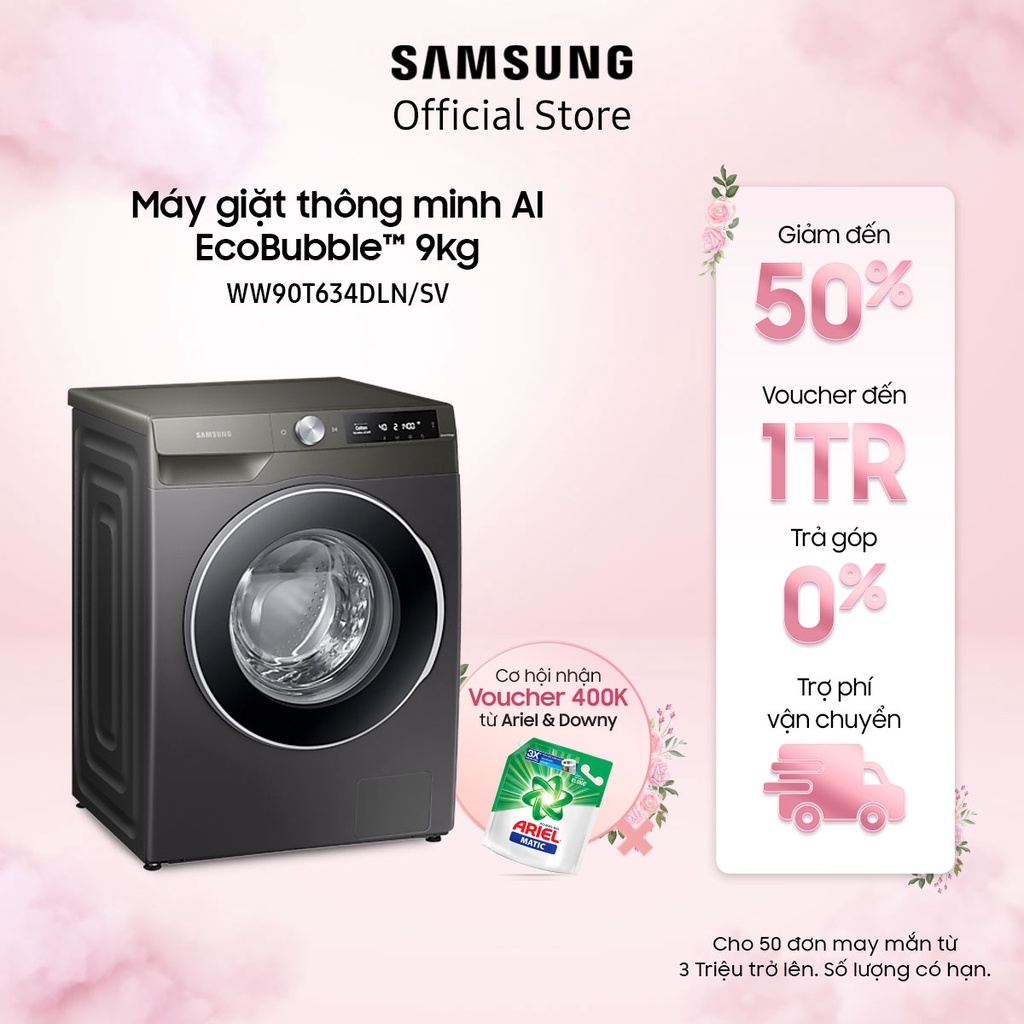 [Mã ELBAU7 giảm 7% đơn 5TR] Miễn phí công lắp đặt_Máy giặt Samsung AI Inverter 9Kg WW90T634DLN/SV