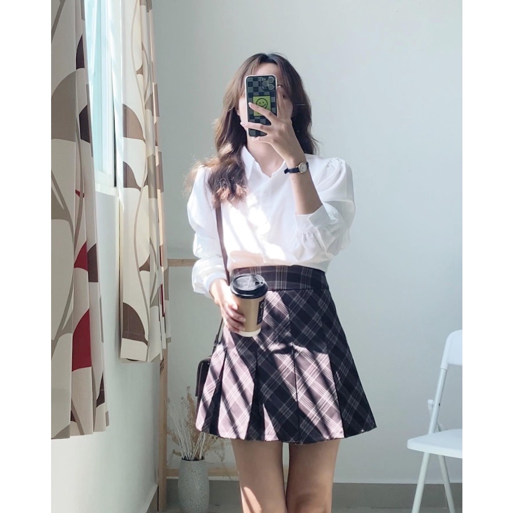 Chân váy xếp li họa tiết Caro lưng cao hack dáng phong cách nữ sinh Hàn Quốc - immin.h