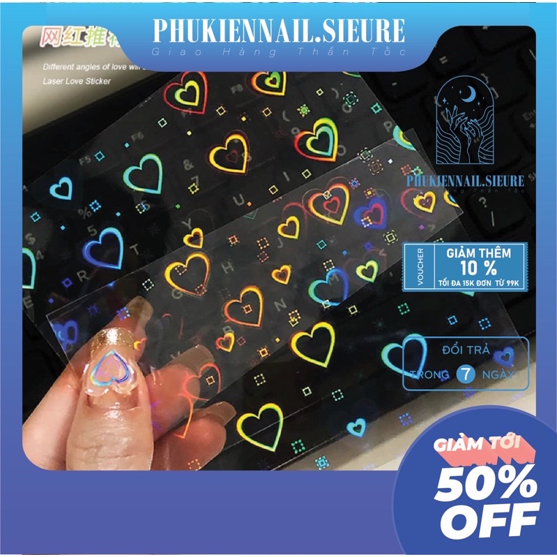 Sticker trái tim cầu vồng trang trí móng