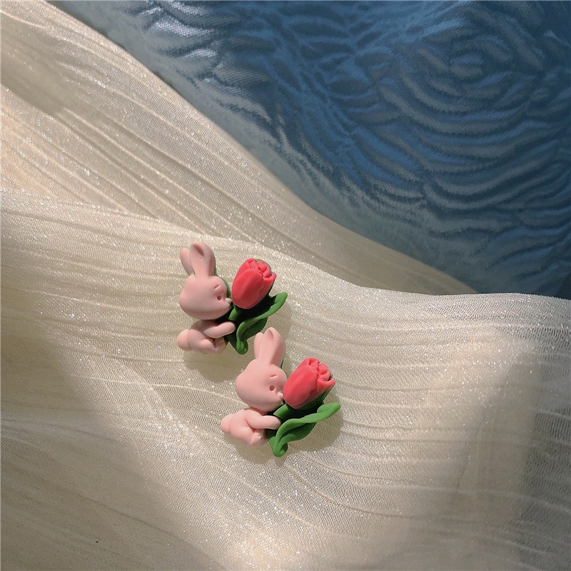 Bông Tai Hình Hoa Tulip/ Thỏ Hồng Kiểu Nhật Hàn Dễ Thương