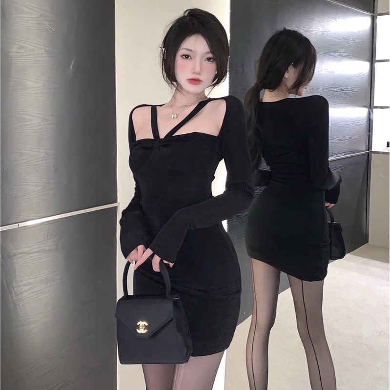 Đầm tay dài dáng ôm thiết kế khoét ngực thời trang thu đông phong cách Trung Hoa mới cho nữ