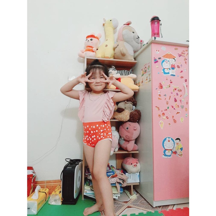 Set bộ bơi liền thân 1 mảnh tay bèo phối chấm bi dễ thương cho bé gái 10 đến 22kg