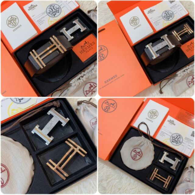 Thắt lưng nam He dây lưng nam dây nịt mặt chữ H màu vàng bạc dây da đẹp kèm Hộp Túi Giấy