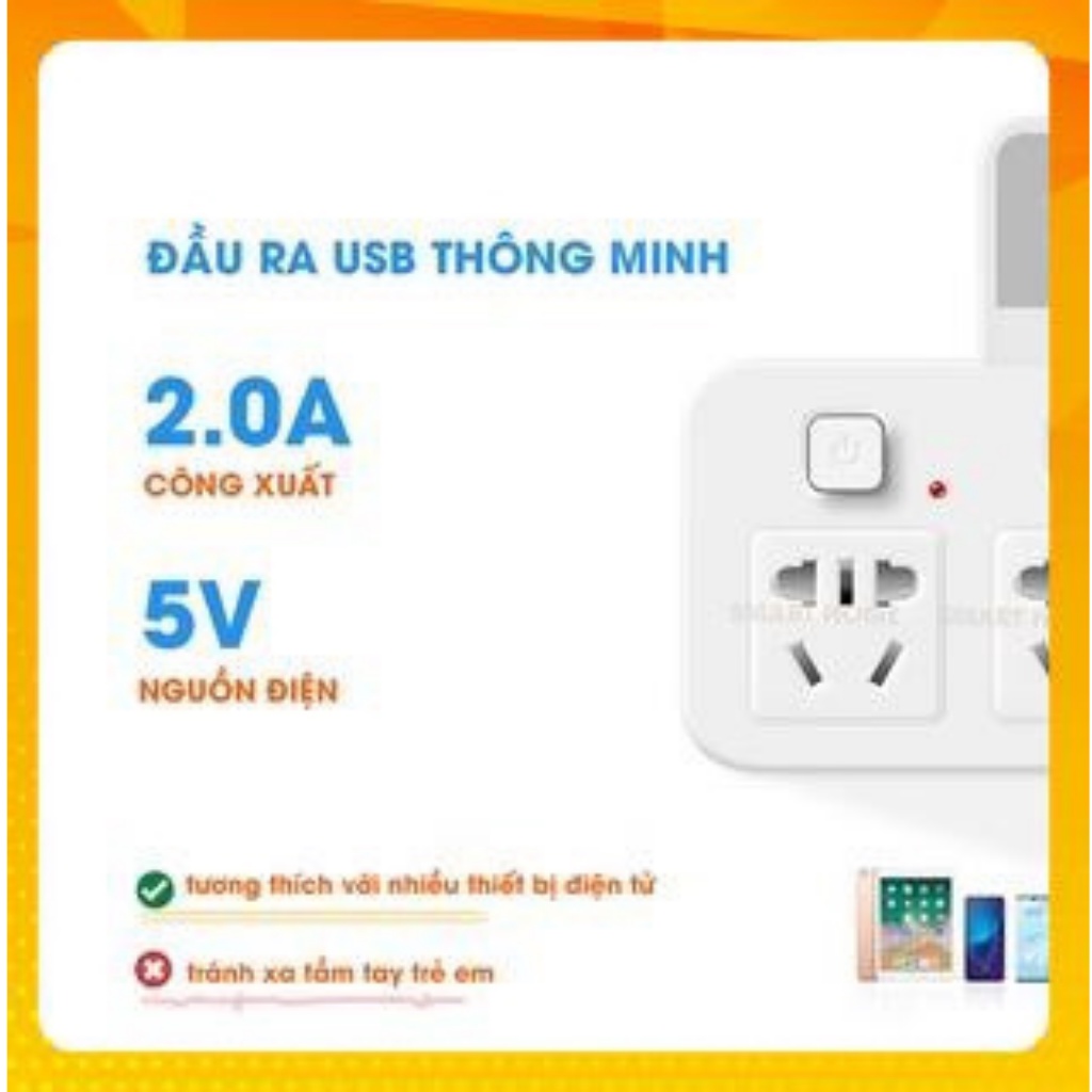 Ổ cắm điện đèn ngủ có cổng USB nhiều lỗ cắm đa năng thông minh tích hợp đèn ngủ, tải 2500W