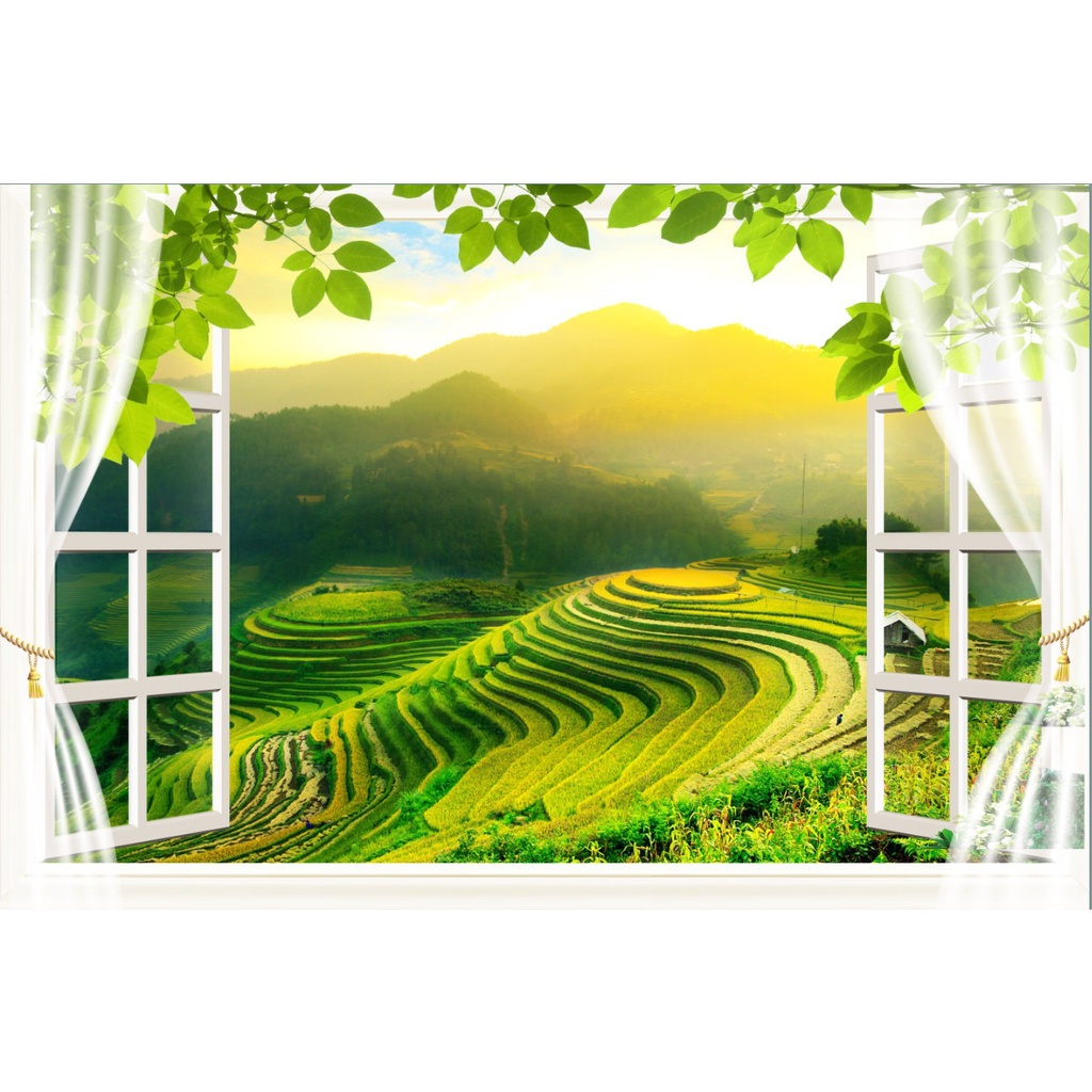 Tranh Dán Tường Cửa sổ Phong Cảnh Ruộng Bực Thang - Cao50cm Ngang75cm-Tranh 3d phòng khách- Song Long Decor