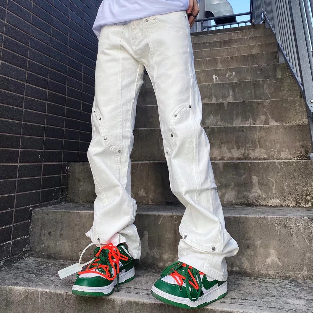 Quần jean lưng cao dáng rộng có dây kéo phong cách hip hop thời trang Âu Mỹ size S-4XL cho nam và nữ