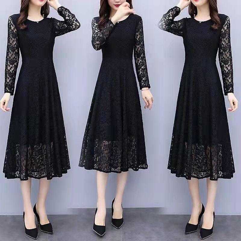 Đầm ren màu đen tay ngắn dài qua gối phong cách Hàn Quốc Y5YD