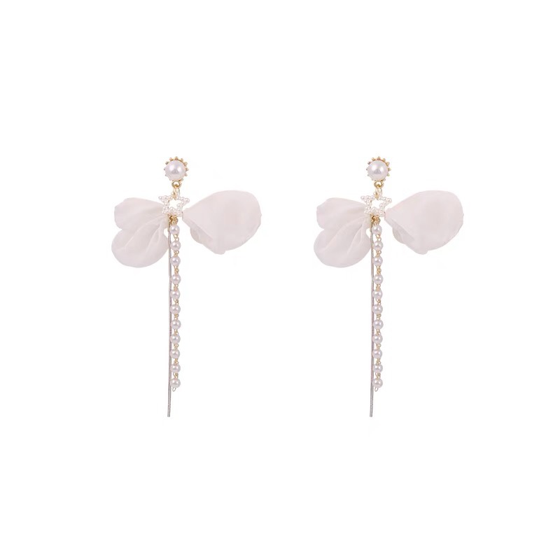 Bông Tai Phối Nơ Lưới Đính Ngọc Trai Thời Trang Hàn Quốc 2023 Cho Nữ