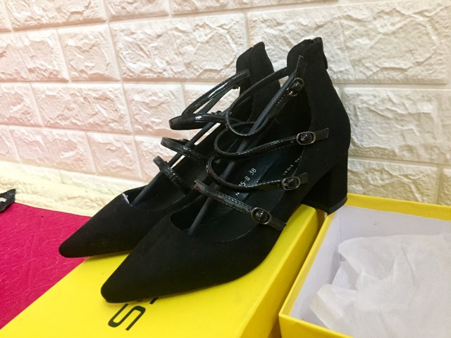 Giày gót vuông da lộn QC màu đen