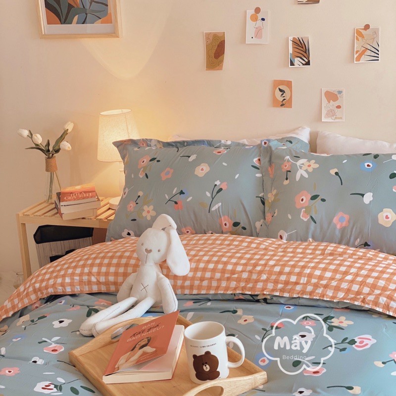 Bộ chăn ga gối Cotton Poly hoạ tiết hoa nhí nền màu xanh xám trắng hồng MÂY BEDDING đủ kích thước nệm | BigBuy360 - bigbuy360.vn