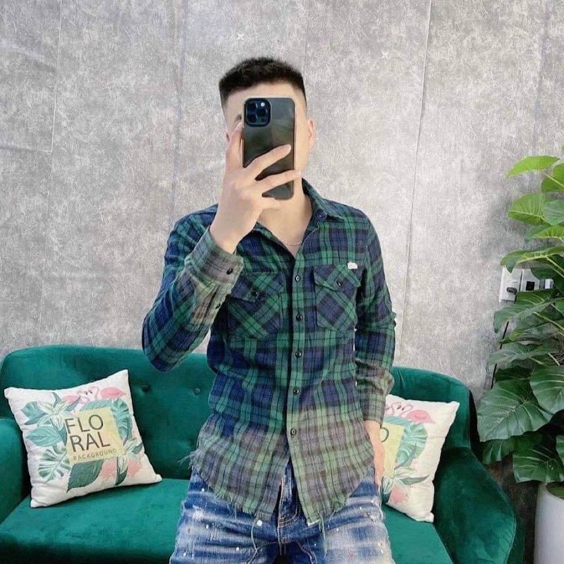 Áo sơ mi bbr nam dài tay loang màu rách gấu kẻ sọc caro