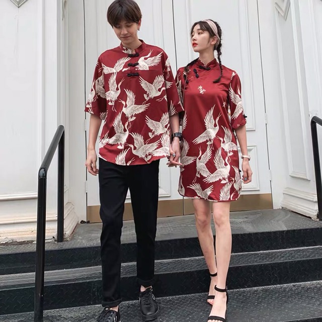 Set đồ đôi couple chim hạc trắng áo váy đỏ cực sang chảnh