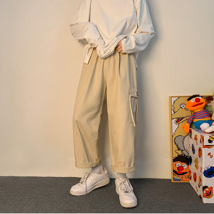 ♞AFF LIGA♞ Quần Dài Túi Hộp Ống Rộng Màu Kaki Phong Cách Hàn Quốc Cho Nam