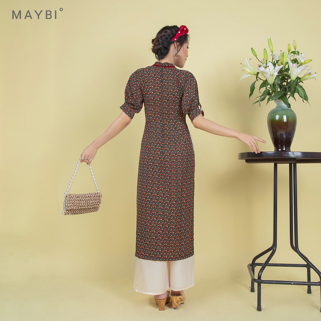 Áo dài Maybi hoạ tiết nền đen phối nơ cổ