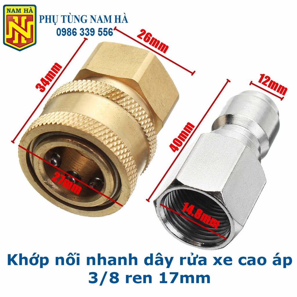 Khớp nối nhanh dây rửa xe cao áp 3/8 inch ren 17mm