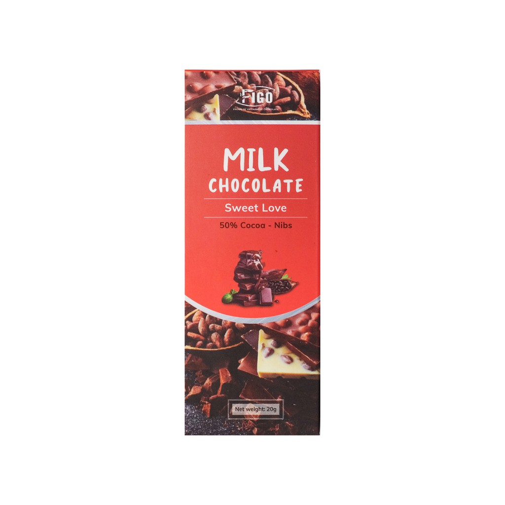 ( Chocolate thanh )Kẹo socola thanh 20g vị sữa nhân hạt cacao Nibs tăng cân Figo, đồ ăn vặt nội địa cho bé, healthy