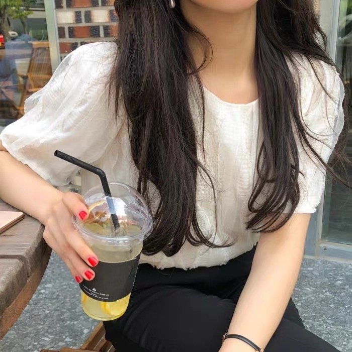 Áo sơ mi voan nổi lượn sóng, áo kiểu voan nữ cổ tròn tay bồng MS647