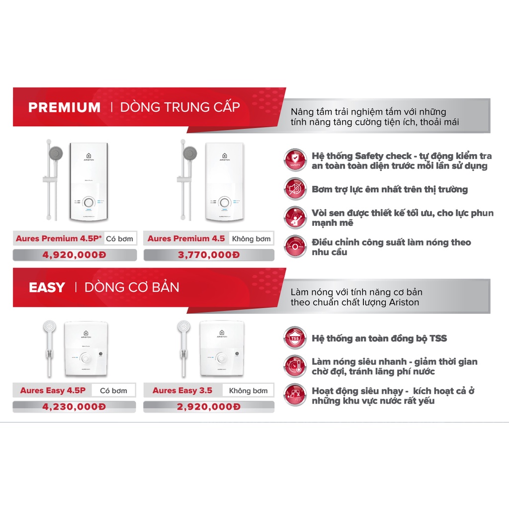 Máy nước nóng trực tiếp Ariston Aures Premium 4.5P* Có Bơm trợ lực, Aures Premium 4.5 Không bơm, Dòng trung cấp