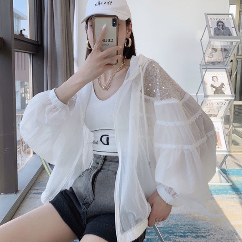 Áo Khoác cardigan Mỏng Trong Suốt Dáng Rộng Chống Nắng Đính Kim Sa Phong Cách Hàn Quốc Cho Nữ