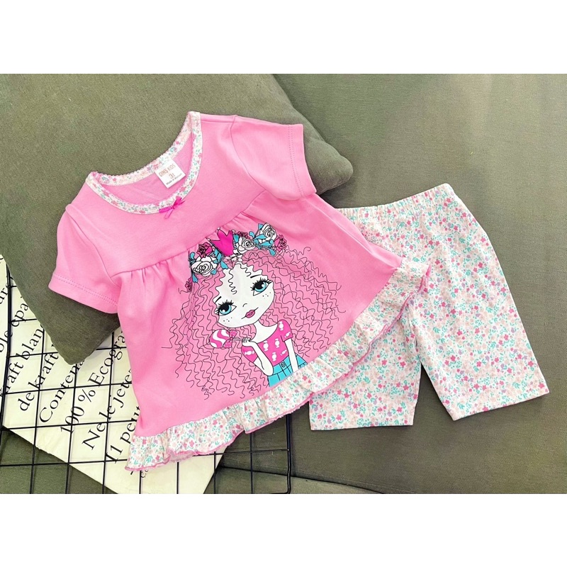 Bộ ngắn tay dáng babydoll quần lửng thun borip xuất khẩu cho bé gái từ 10 đến 22kg - Bộ quần áo trẻ em