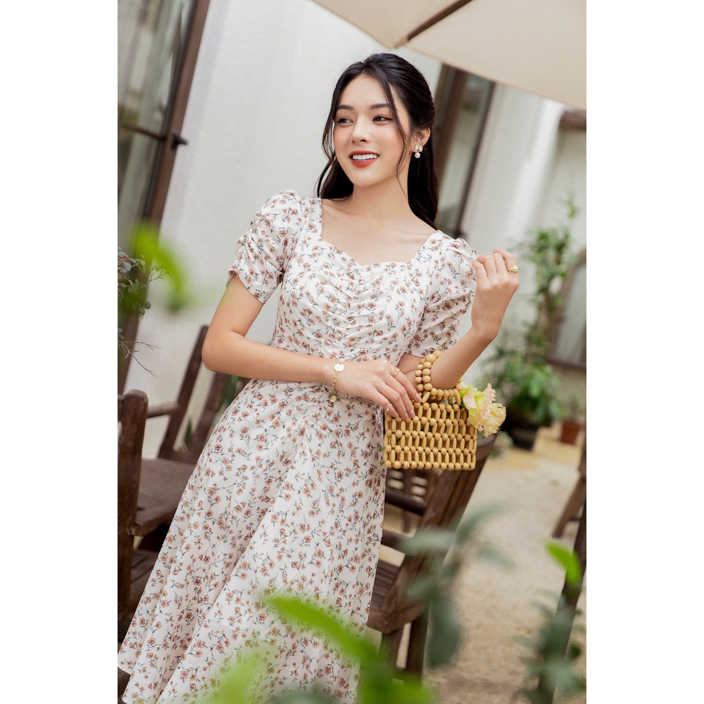 Váy cổ vuông thân tay rút nhún  TIINSTORE V0T522