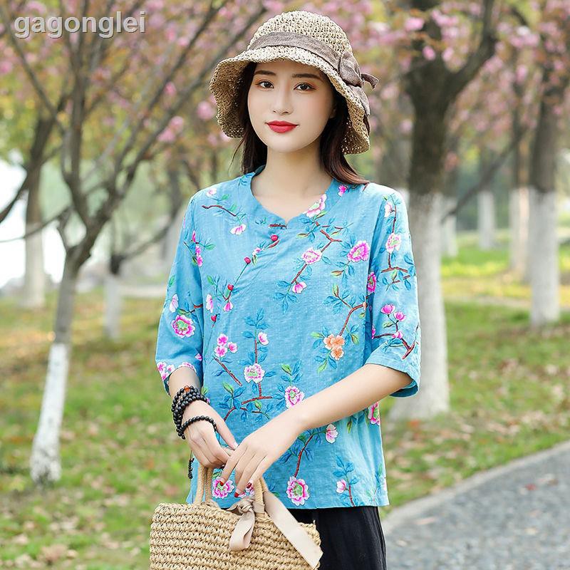 Áo Sơ Mi Cotton Lanh Tay 3 / 4 In Hoa Dáng Rộng Phong Cách Hàn Quốc Thời Trang Mùa Hè Hàng Mới Dành Cho Phụ Nữ Trung Niên