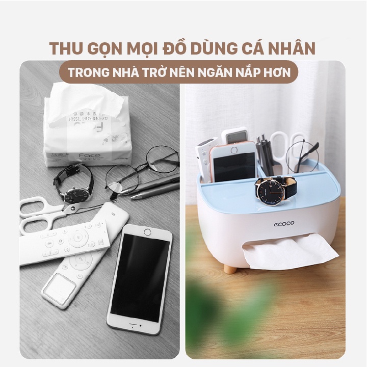 Hộp giấy ăn để bàn đa năng ECOCO 2 ngăn để điện thoại, mỹ phẩm, phụ kiện, nhựa PP an toàn sức khỏe E2009