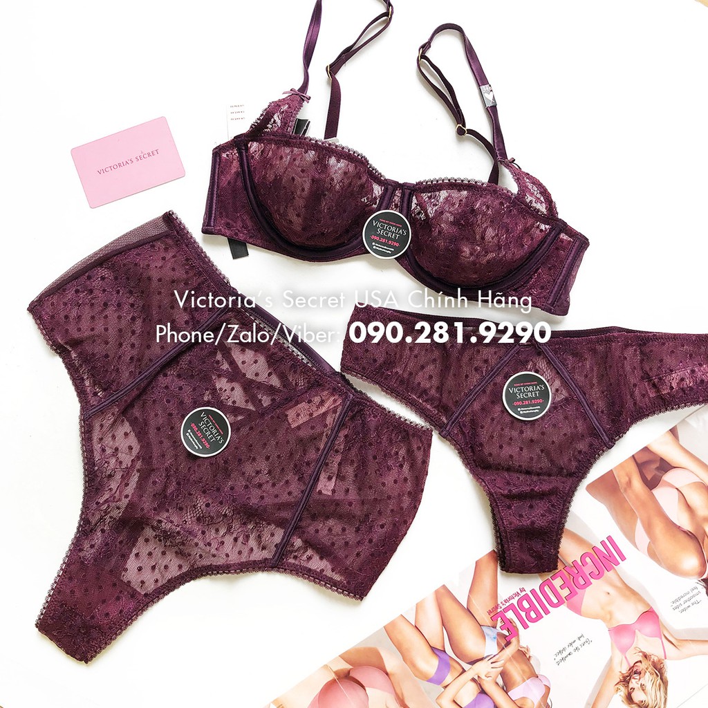 - Áo Lót đỏ đô (127) ren gợi cảm, có gọng, không mút nâng, Violet dot - Victoria's Secret