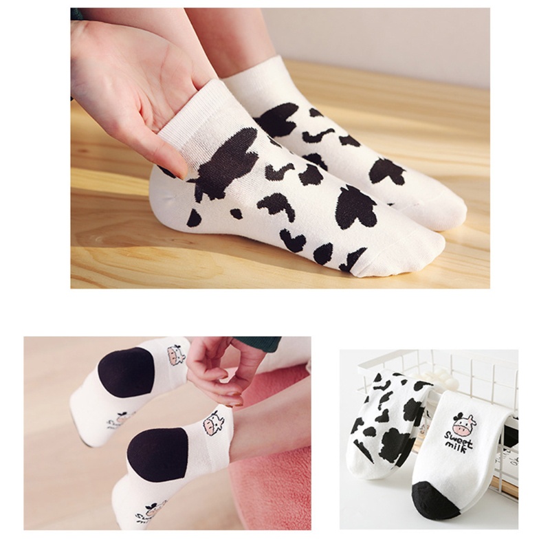 XIXI Set 5 Đôi Tất Cotton Cổ Thấp In Họa Tiết Bò Sữa Hoạt Hình Thời Trang Mùa Hè Cho Nữ