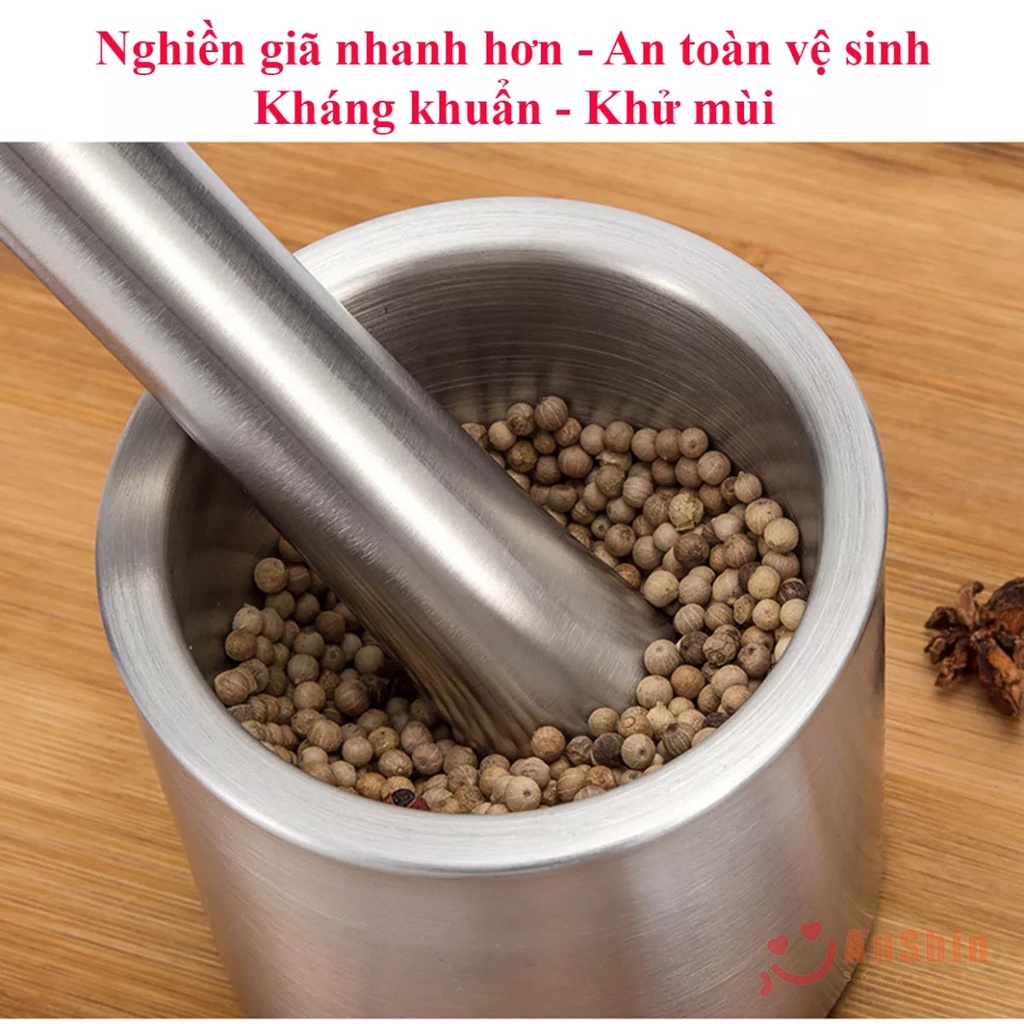 Bộ cối chày inox 304 máy nghiền tỏi Xay tỏi thủ công Bình đựng dược liệu nghiền gia đình Máy mài đa năng