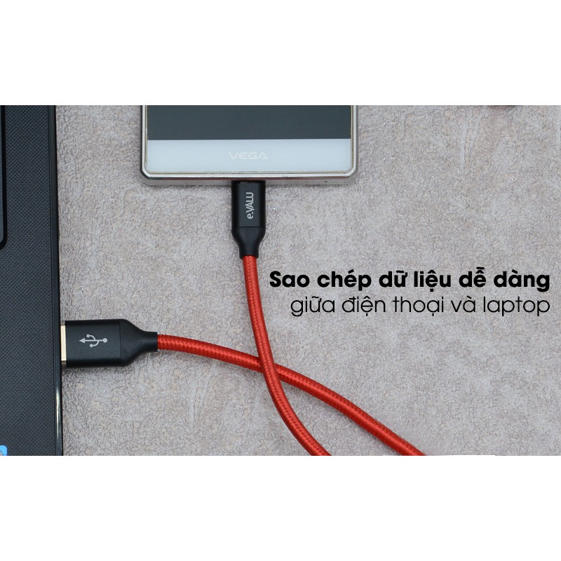 [CHÍNH HÃNG] Dây cáp Micro USB 1 m e.VALU LTM-01, Công suất tối đa 10W (5V-2.1A), Thân dây được bảo vệ bằng sợi nylon.