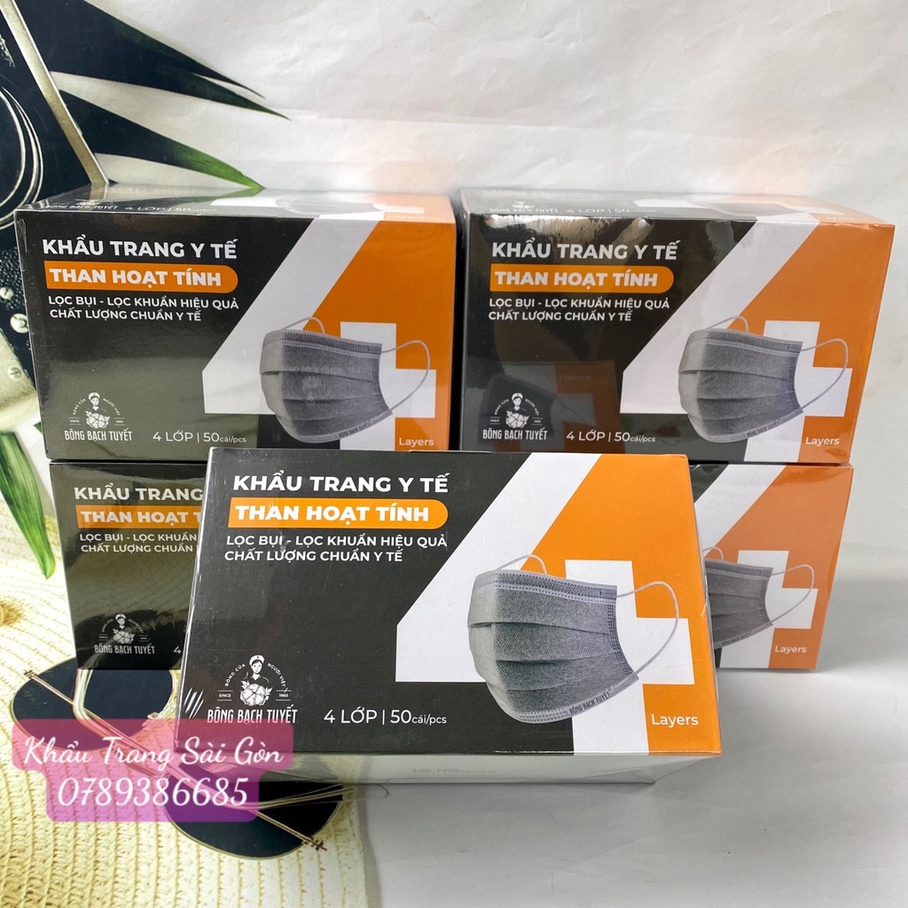 Combo 5 hộp khẩu trang y tế 4 lớp THAN HOẠT TÍNH 50 cái/ hộp Chính hãng BÔNG BẠCH TUYẾT
