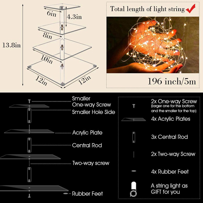 Tháp Đứng Trưng Bày Bánh Cupcake 4 Tầng Bằng Acrylic Có Đèn LED Cho Đám Cưới