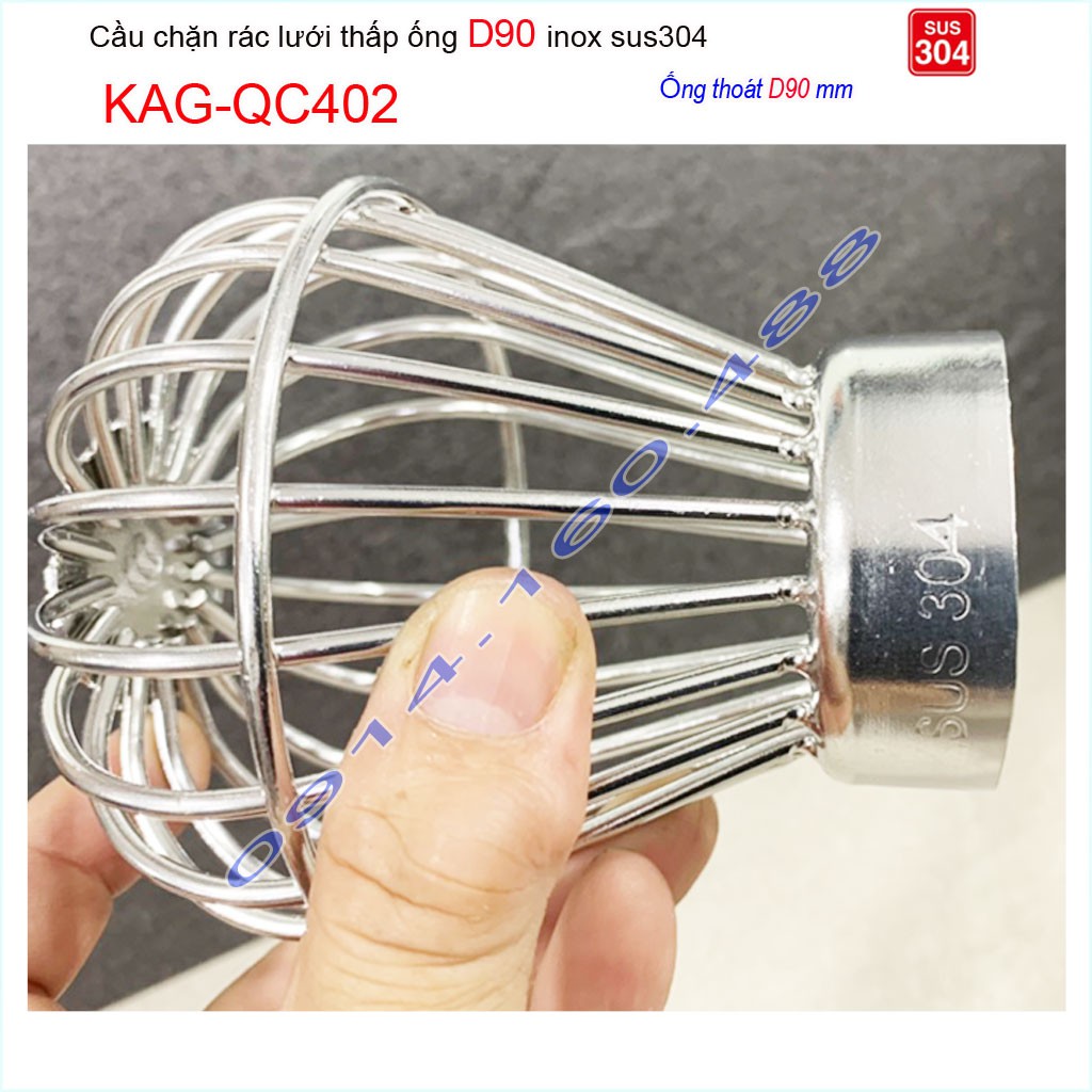 Cầu chắn rác lưới đế thấp KAG-QC402-ống D90, Cầu thoát nước mưa SUS304 inox dày cao cấp