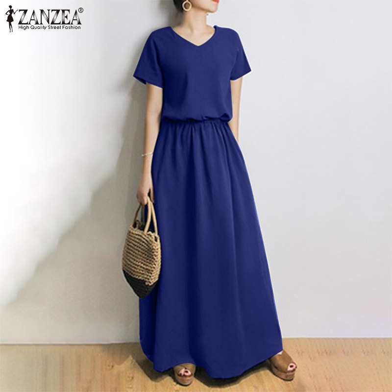 Zanzea Đầm Dài Tay Ngắn Cổ Chữ V Form Rộng Thời Trang Cho Nữ