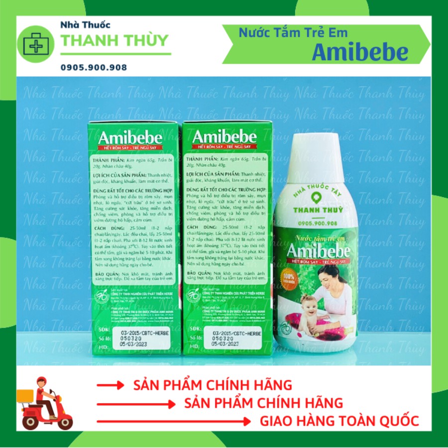 AMIBEBE [Chai 250ml] Nước Tắm Thảo Dược Cho Trẻ Sơ Sinh Và Trẻ Nhỏ Phòng Và Hỗ Trợ Rôm Sảy, Mụn Nhọt, Lở Ngứa