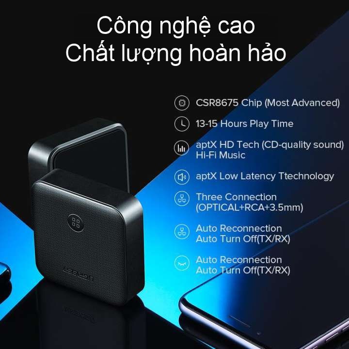 Bộ Thu và Phát Bluetooth 5.0 UGreen 70158 Chính Hảng CM144 (2 in 1,Chíp APTX Cổng Quang+AV tặng kèm 4 dây Ugreen)