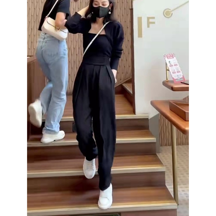 DUNEA Bộ áo dây + áo khoác cardigan dệt kim màu đỏ phong cách giáng sinh ngọt ngào cho nữ