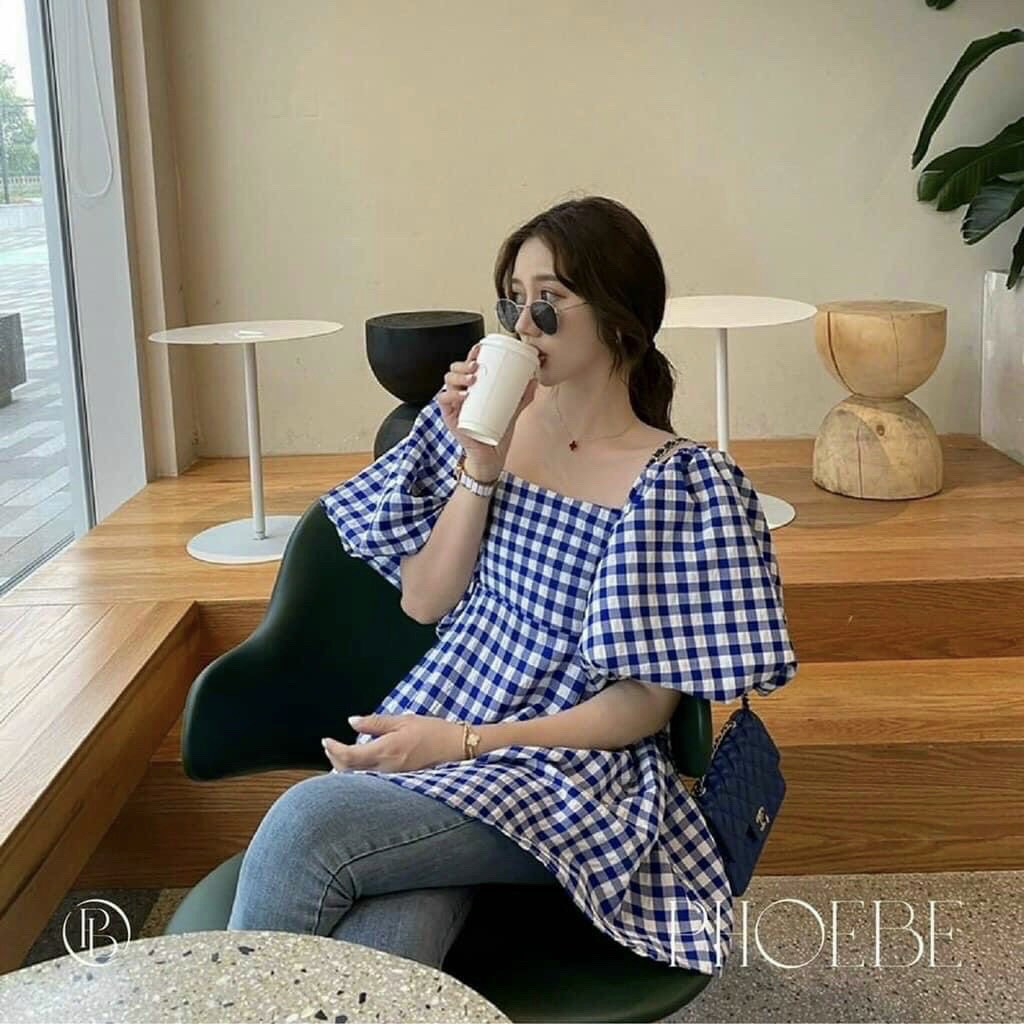 Áo Kẻ Caro GINGHAM Xanh Trễ Vai Tay Bồng 🦋FREESHIP🦋 BLUE GINGHAM TOP Trễ Vai Tay Bồng LANI SHOP