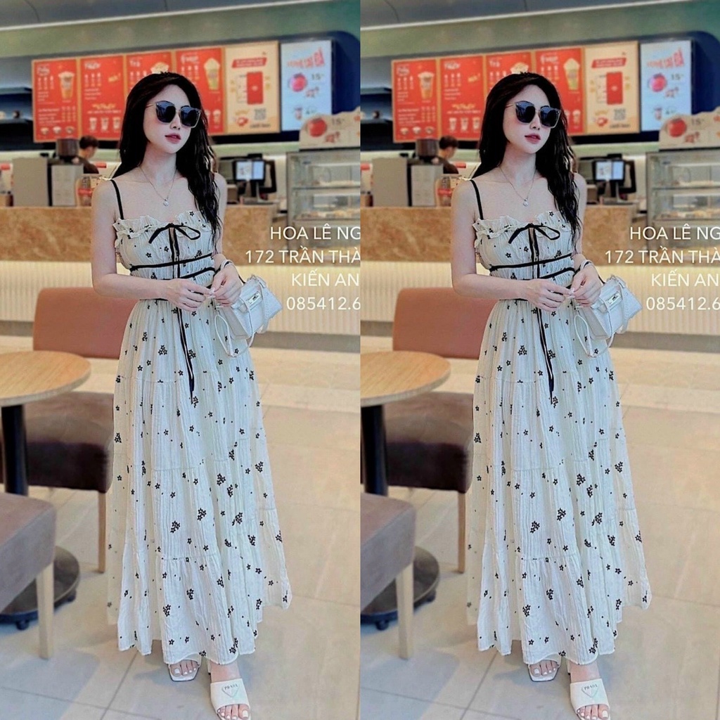 Đầm Maxi Hoa Tiểu Thư Du Lịch Cột Nơ