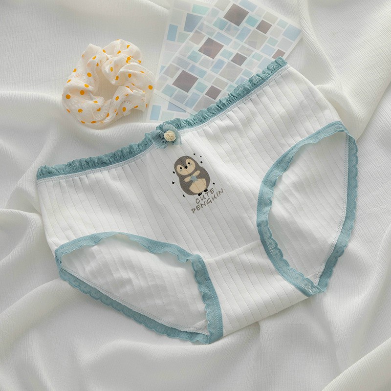 Quần lót nữ Cotton họa tiết chim cánh cụt dễ thương kẻ gân tăm co dãn kháng khuẩn