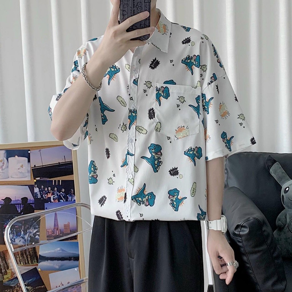 Áo sơ mi unisex chiffon tay ngắn in họa tiết hoạt hình độc lạ cực chất vải mềm mịn thoáng mát