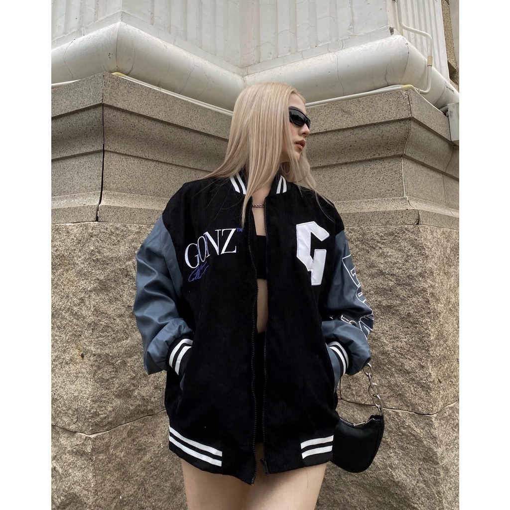 Áo Khoác Nhung Tăm Form Rộng Phối Tay Da Leather Seeve Jacket Varsity V18