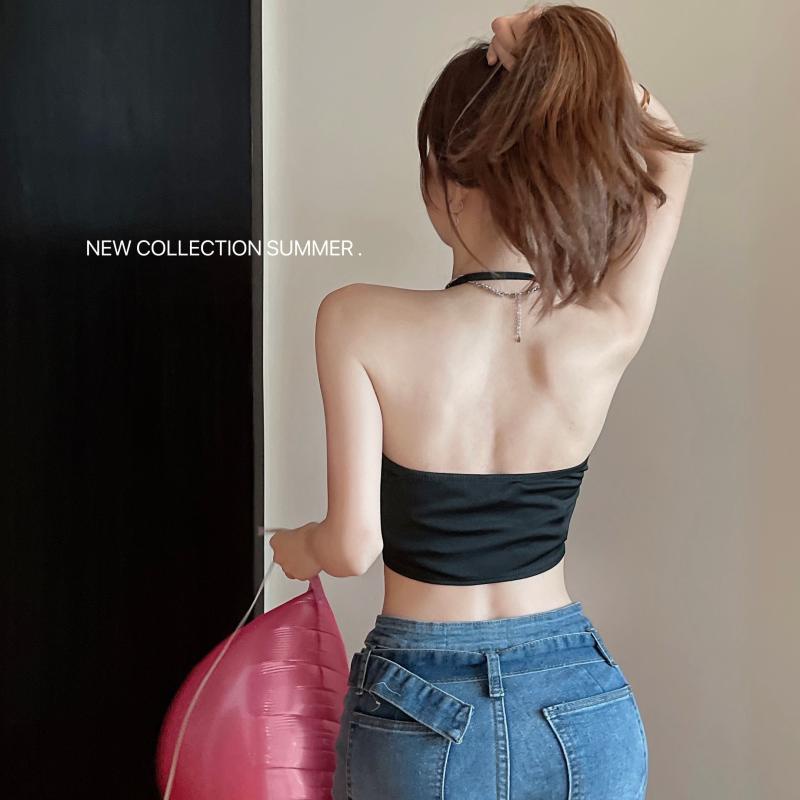 Kumikumi HUANG YOYO Áo Hai Dây Hở Lưng Ôm Dáng Thêu Chữ Màu Tương Phản Phong Cách Hàn Quốc Thời Trang Cho Nữ