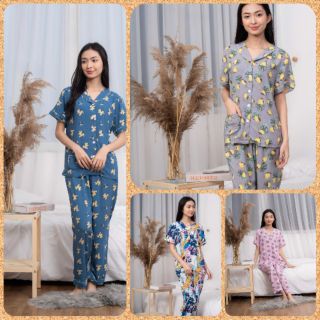 Bộ lanh (tole) pijama quần dài áo cộc tay Việt Thắng bộ trung niên dành cho mẹ